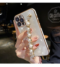 Load image into Gallery viewer, Unique Gold Plating Soft Case with Pearl Bracelet Chain for iPhone 13 Series
