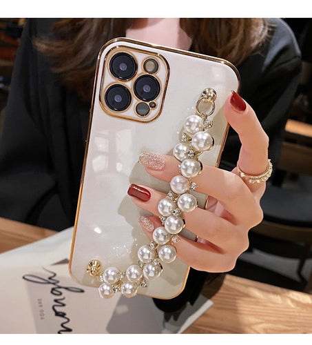 Unique Gold Plating Soft Case with Pearl Bracelet Chain for iPhone 13 Series