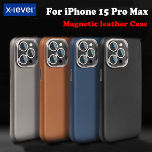 Luxury X-Level Magnetic Plain Leather Case For iPhone 15 Pro, 15 Pro Max  Support Wireless Charging Back Cover