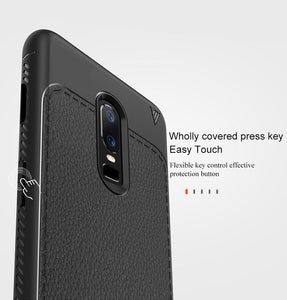 OnePlus 6 Premium Shockproof Fine Grain Leather Touch Soft TPU Back Case Cover