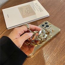 Load image into Gallery viewer, Premium Golden Electroplated Silicone Wrist Chain Back Case For iPhone 13 Series- GOLD