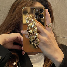 Load image into Gallery viewer, Premium Golden Electroplated Silicone Wrist Chain Back Case For iPhone 13 Series- GOLD