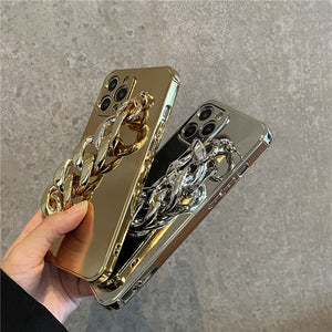 Premium Golden Electroplated Silicone Wrist Chain Back Case For iPhone 13 Series- GOLD