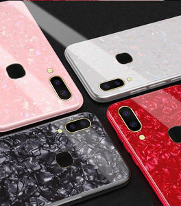Vivo V9 Marble Pattern Bling Shell Case-[9H Tempered Glass Back Cover] with Soft TPU Bumper,Anti-Scratch Phone Case
