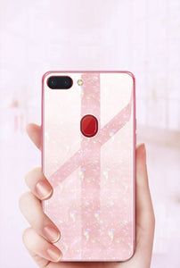 Oppo F9 Pro Marble Pattern Bling Shell Case-[9H Tempered Glass Back Cover] with Soft TPU Bumper,Anti-Scratch Phone Case