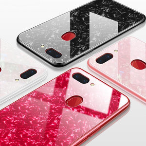 Oppo F9 Pro Marble Pattern Bling Shell Case-[9H Tempered Glass Back Cover] with Soft TPU Bumper,Anti-Scratch Phone Case