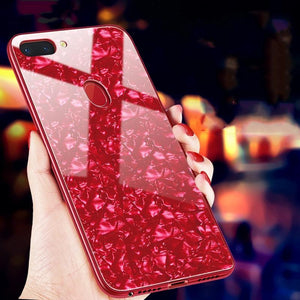 Oppo F9 Pro Marble Pattern Bling Shell Case-[9H Tempered Glass Back Cover] with Soft TPU Bumper,Anti-Scratch Phone Case