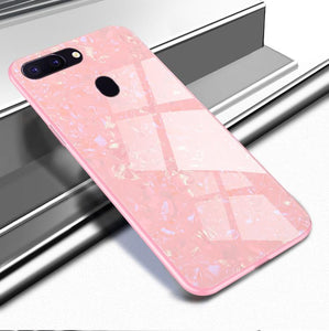 Oppo F9 Pro Marble Pattern Bling Shell Case-[9H Tempered Glass Back Cover] with Soft TPU Bumper,Anti-Scratch Phone Case