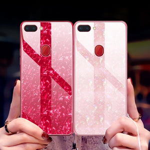 Oppo F9 Pro Marble Pattern Bling Shell Case-[9H Tempered Glass Back Cover] with Soft TPU Bumper,Anti-Scratch Phone Case