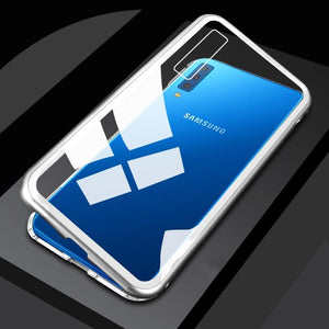 Samsung Galaxy A7 2018 Shock Proof Luxury Magnetic Adsorption Metal Bumper Auto-Fit Tempered Back Case