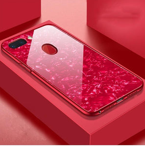Oppo F9 Pro Marble Pattern Bling Shell Case-[9H Tempered Glass Back Cover] with Soft TPU Bumper,Anti-Scratch Phone Case