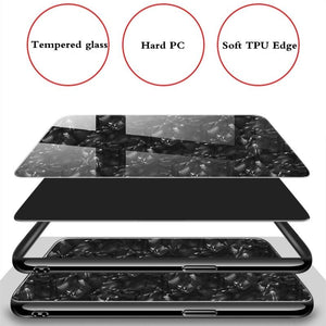 Oppo F9 Pro Marble Pattern Bling Shell Case-[9H Tempered Glass Back Cover] with Soft TPU Bumper,Anti-Scratch Phone Case