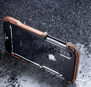 Apple iPhone X/XS Luxury Hard Metal Aluminum Wood Protective Bumper Phone Case
